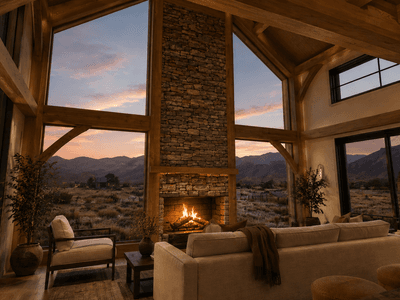 Premium timber frame home with warm minimalist interior styling fireplace views