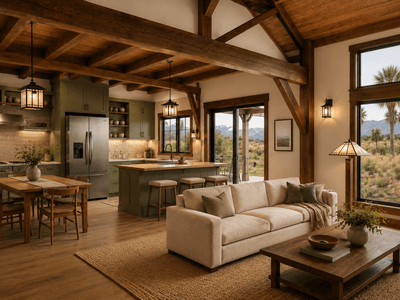 Premium timber frame barn home with dramatic vaulted ceiling