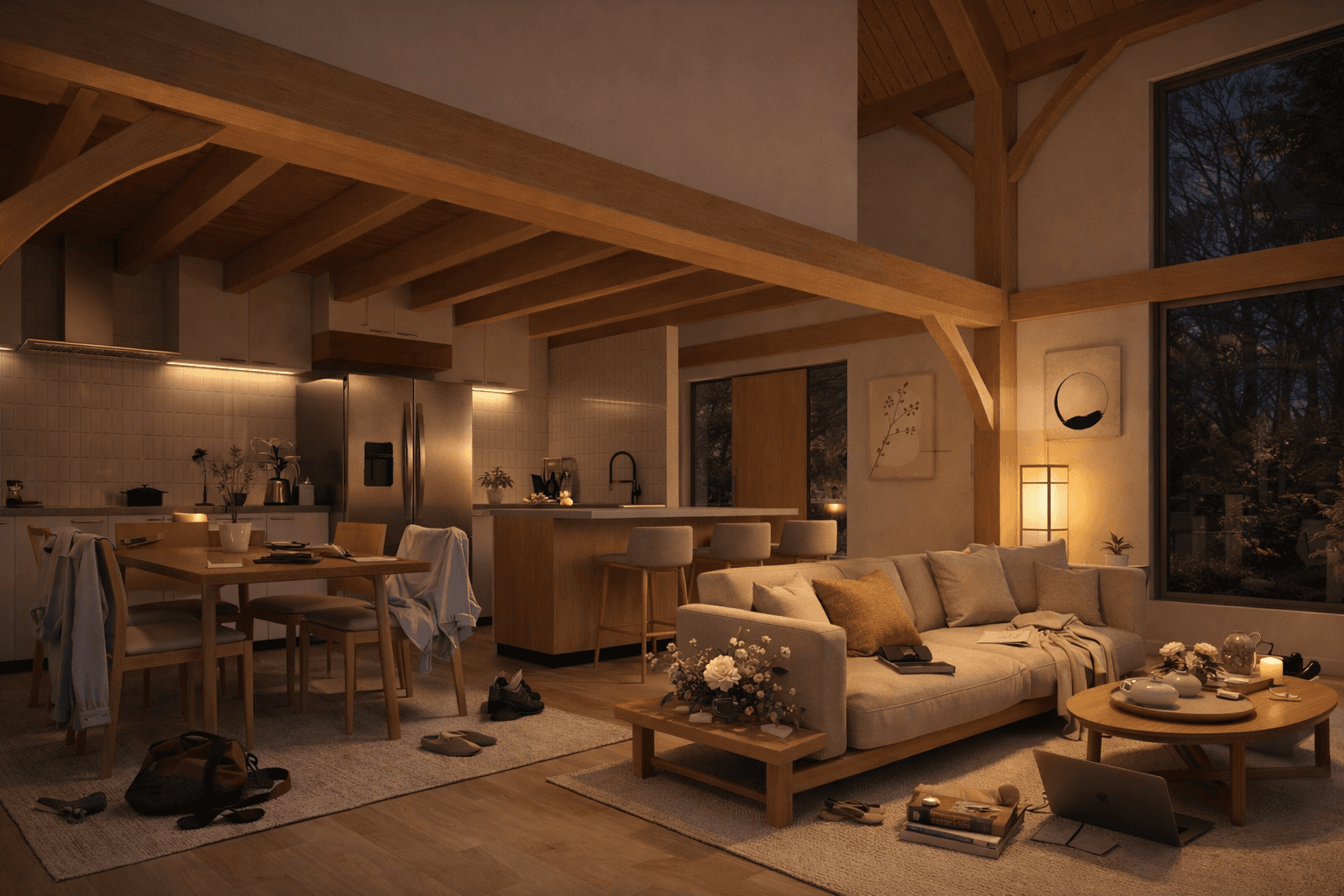 Narrow site timber frame barn home with modern exterior