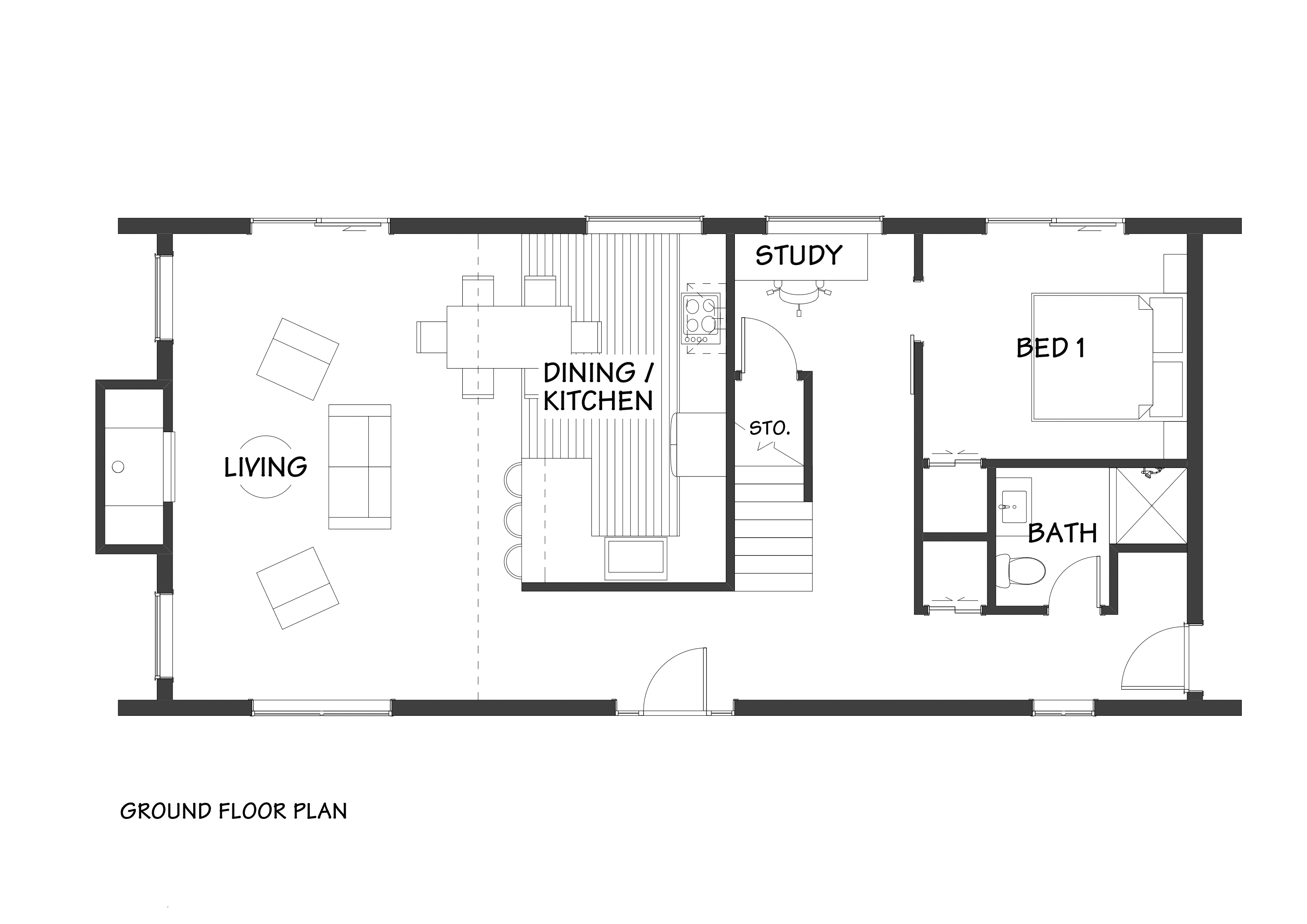 Space efficient modular barn home on narrow land floor plan