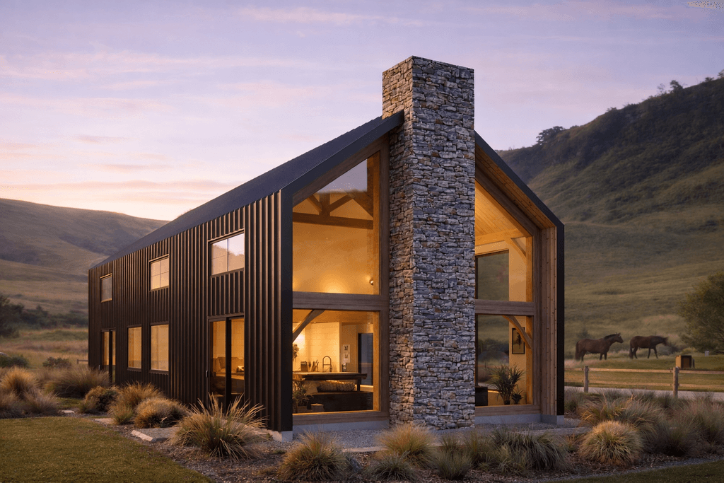 Modular double storey SIP barn timber frame home exterior