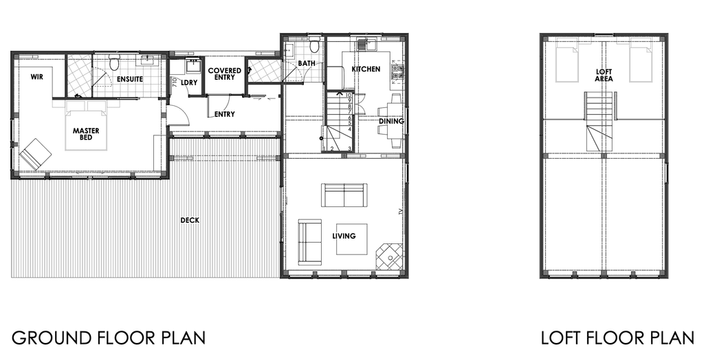 Floor plan for 100m² timber frame barn-style home for downsizers, holiday homes and Airbnb rental