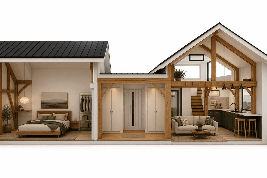 Compact 70m² timber frame SIP home with gable roof, loft bedroom, and luxury small-living retreat design