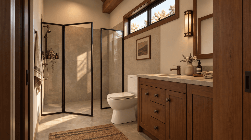 Gorgeous bathroom in 100m² timber frame barn-style home for downsizers, holiday homes and Airbnb rental