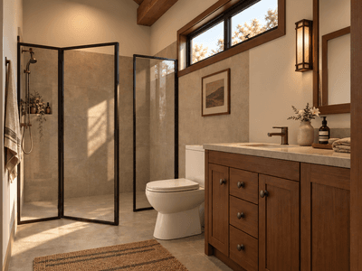 Gorgeous bathroom in 100m² timber frame barn-style home for downsizers, holiday homes and Airbnb rental