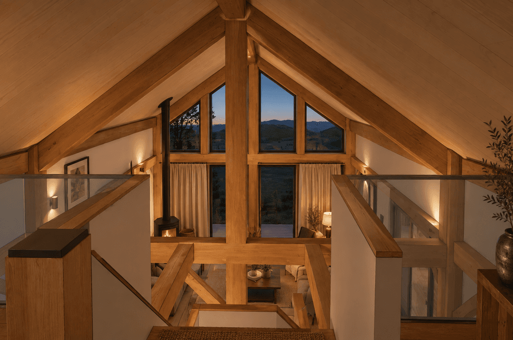 Elegant 105m² small timber home with loft designed for downsizers and Airbnb holiday rentals, view from the loft