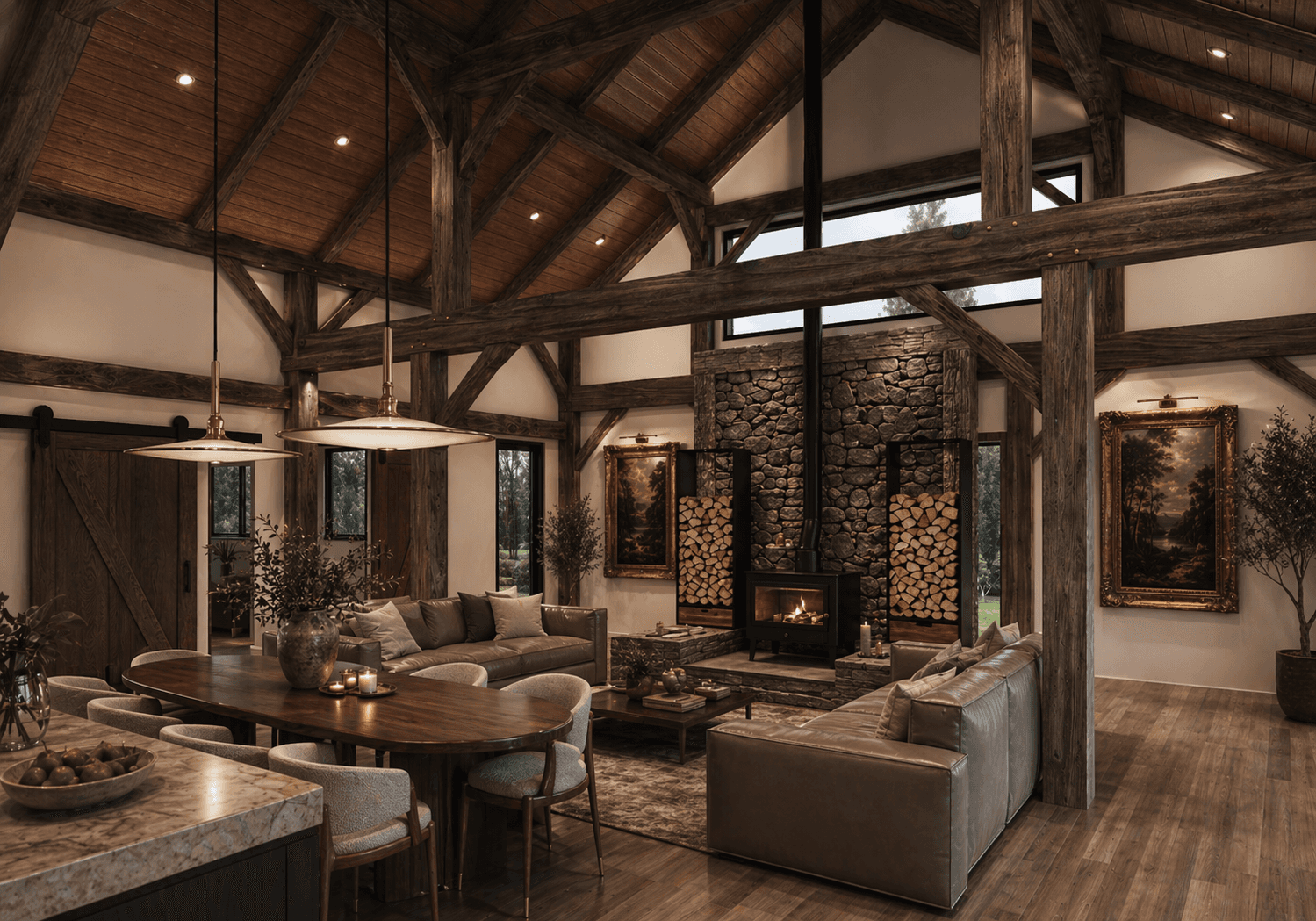 Modern English cottage inspired timber barn interior with exposed trusses, elegant furnishings and cozy fireplace