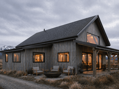 Rustic luxury barn home in Central Otago landscape with snow-capped mountains and native tussock planting