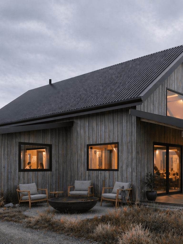 Rustic luxury barn home in Central Otago landscape with snow-capped mountains and native tussock planting