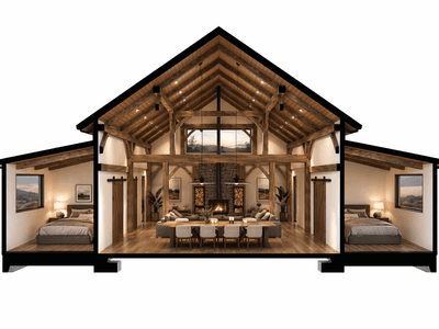 Coastal timber frame home set amongst New Zealand sand dunes at dusk with warm interior glow - cross sectional