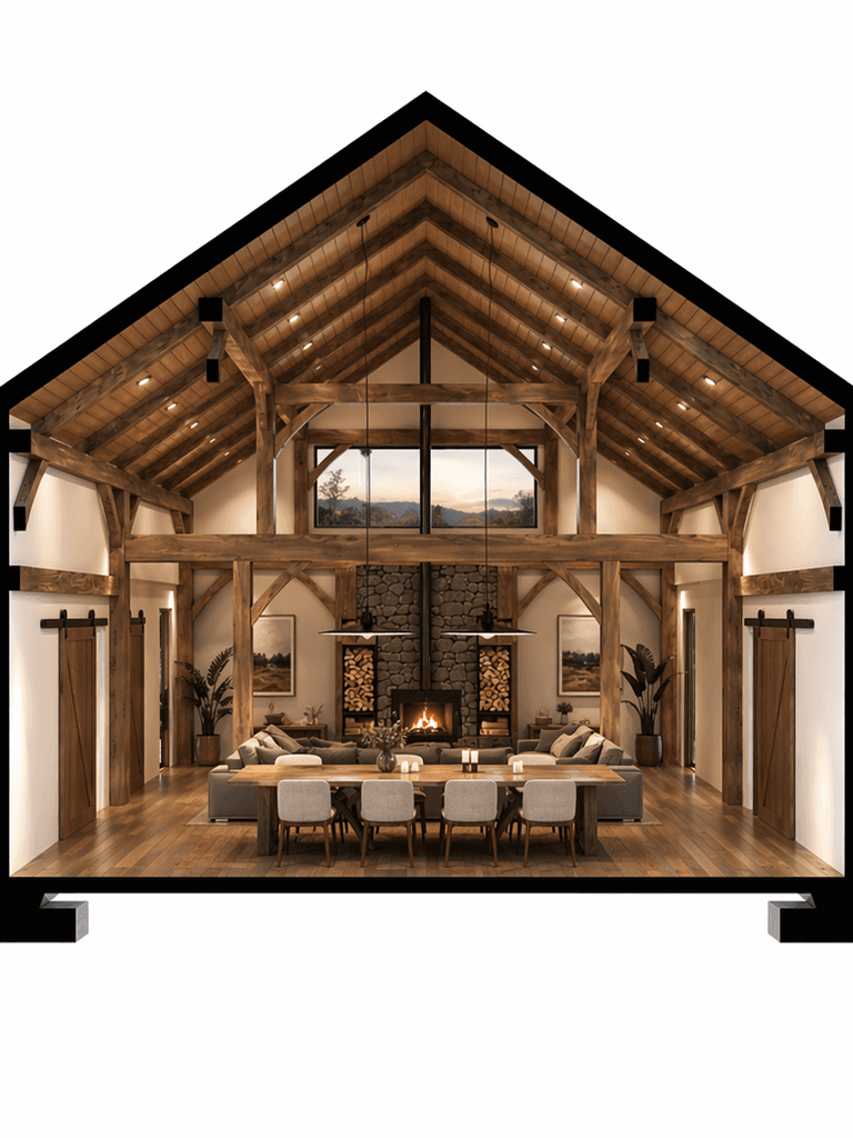 Coastal timber frame home set amongst New Zealand sand dunes at dusk with warm interior glow - cross sectional