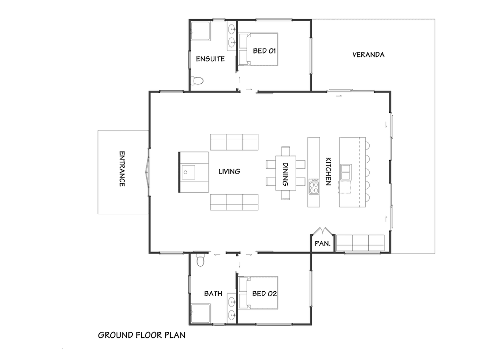 Luxury New Zealand barn house with untreated timber cladding, vaulted ceilings and large kitchen - floor plan