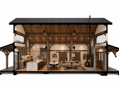 Premium timber frame barn home with exposed beams, stone fireplace and refined rustic-modern interior, cross sectional