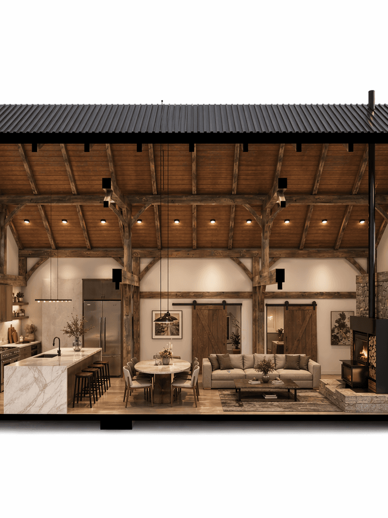 Premium timber frame barn home with exposed beams, stone fireplace and refined rustic-modern interior, cross sectional