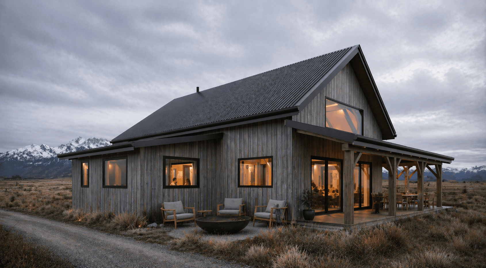 Rustic luxury barn home in Central Otago landscape with snow-capped mountains and native tussock planting