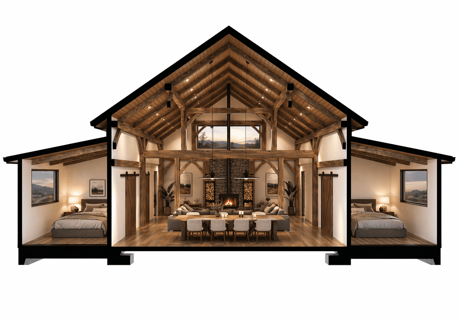 Coastal timber frame home set amongst New Zealand sand dunes at dusk with warm interior glow - cross sectional