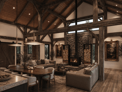 Modern English cottage inspired timber barn interior with exposed trusses, elegant furnishings and cozy fireplace