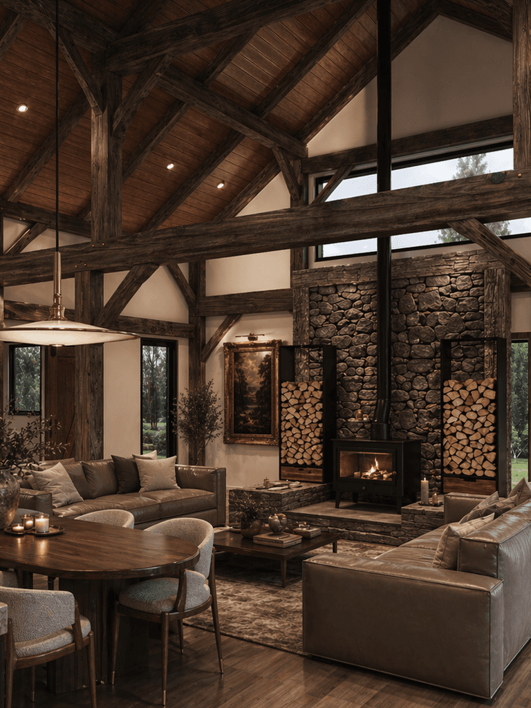 Modern English cottage inspired timber barn interior with exposed trusses, elegant furnishings and cozy fireplace