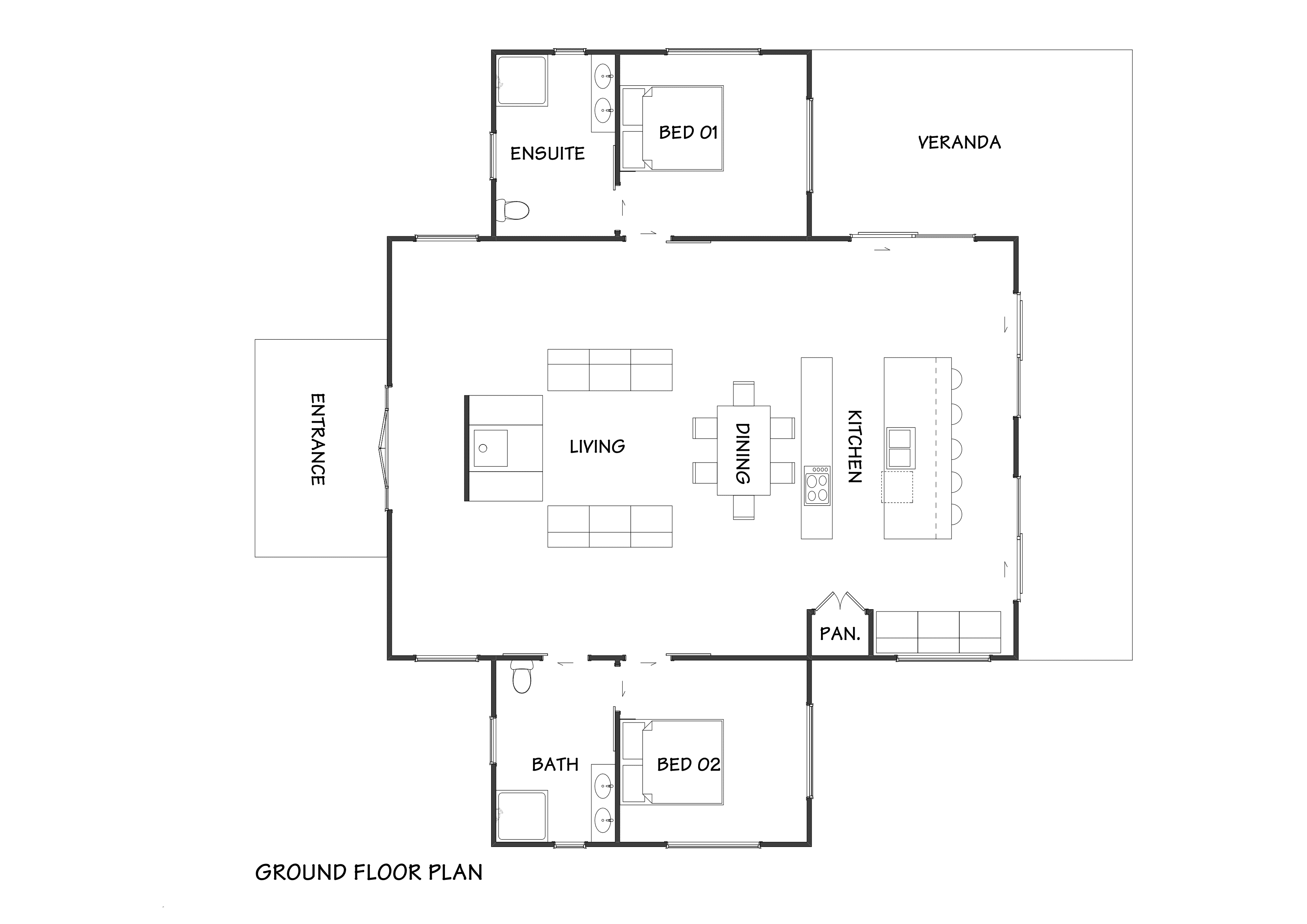 Luxury New Zealand barn house with untreated timber cladding, vaulted ceilings and large kitchen - floor plan