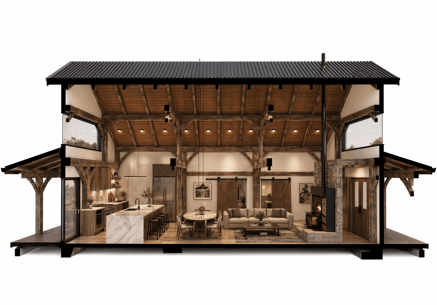 Premium timber frame barn home with exposed beams, stone fireplace and refined rustic-modern interior, cross sectional