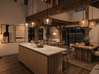 Modern English timber barn home with cantered queen posts