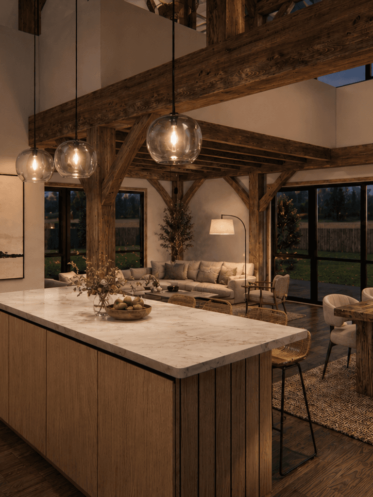 Modern English timber barn home with cantered queen posts