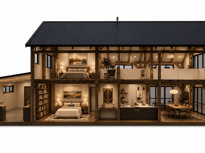 Barn frame home designed for professionals working from home cross section
