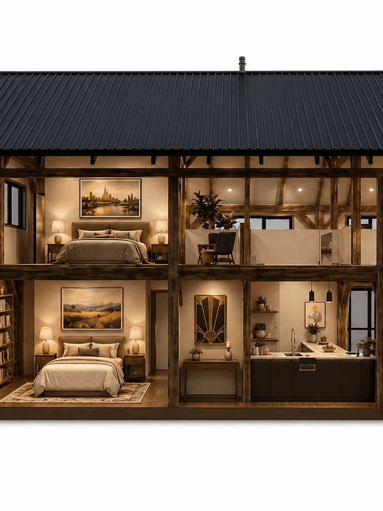 Barn frame home designed for professionals working from home cross section