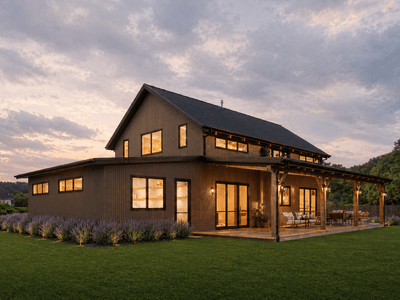 Double height barn home living area with designer modern farmhouse styling