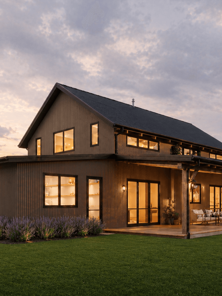 Double height barn home living area with designer modern farmhouse styling