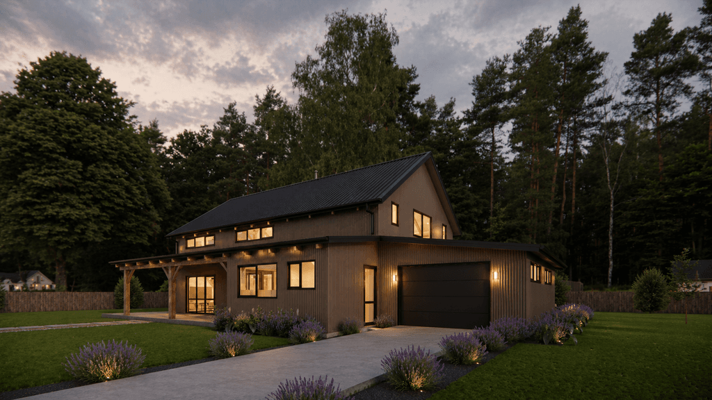 Open plan barn style home interior with exposed timber framing
