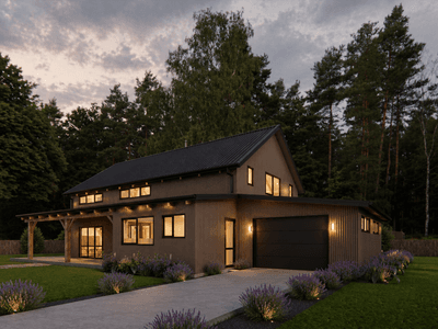 Open plan barn style home interior with exposed timber framing