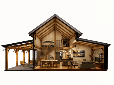 Luxury rural New Zealand barn home with expansive deck, natural materials, and warm evening lighting