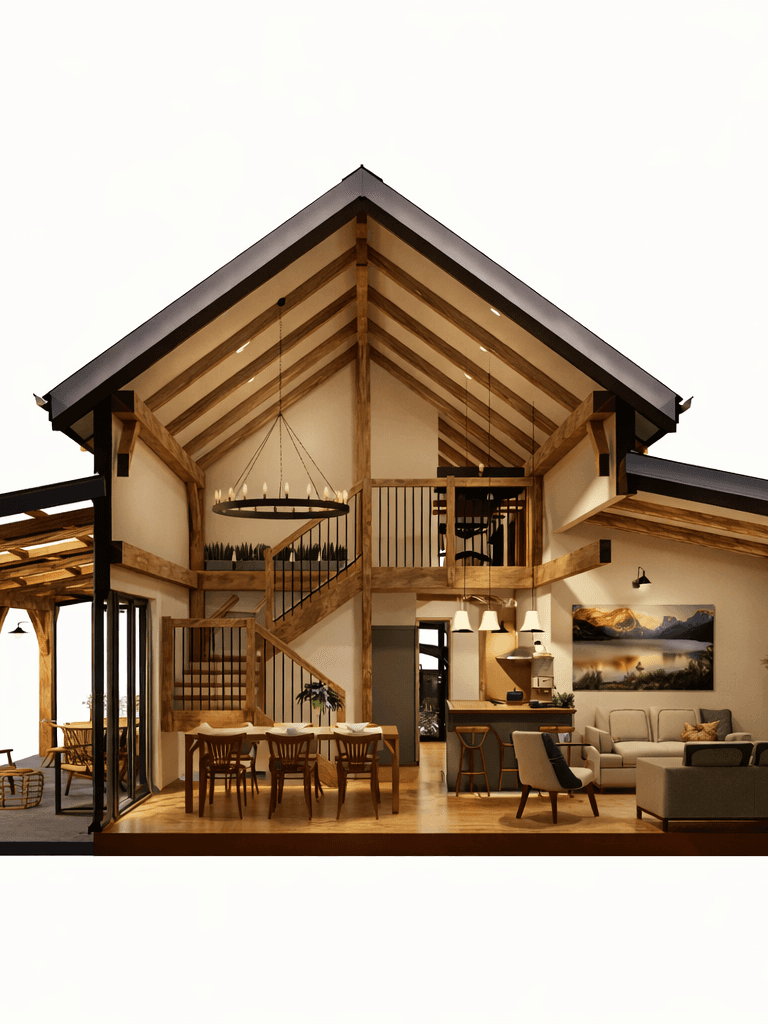 Luxury rural New Zealand barn home with expansive deck, natural materials, and warm evening lighting