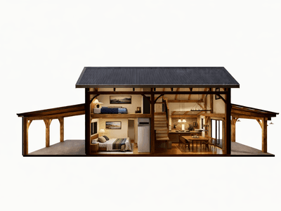 Timber frame house cross section with open plan living, staircase, and warm interior lighting