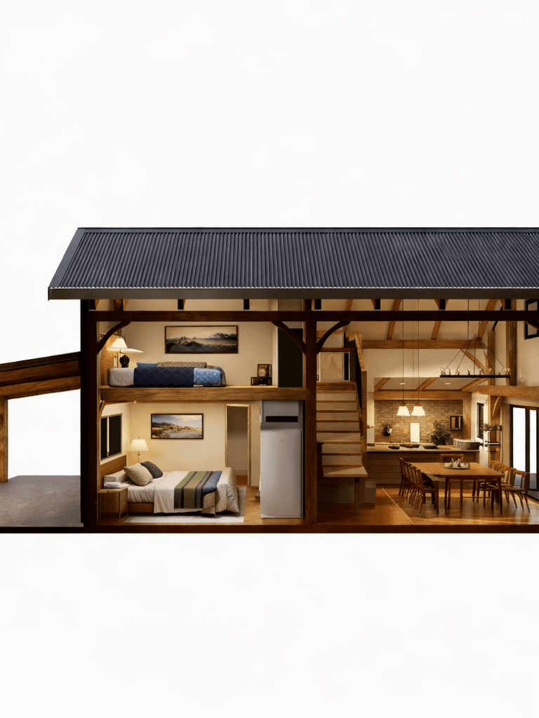 Timber frame house cross section with open plan living, staircase, and warm interior lighting