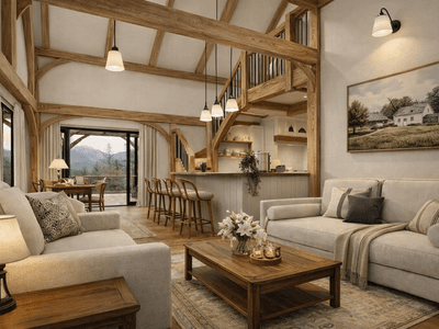 Minimalist timber barn home exterior with NZ native flora and seamless indoor outdoor living design