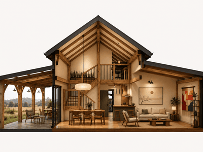 High quality timber frame barn cross section showcasing detailed craftsmanship and natural wood grain