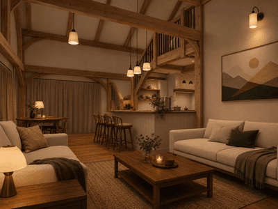 Minimalist small timber frame barn home interior, Japandi styling