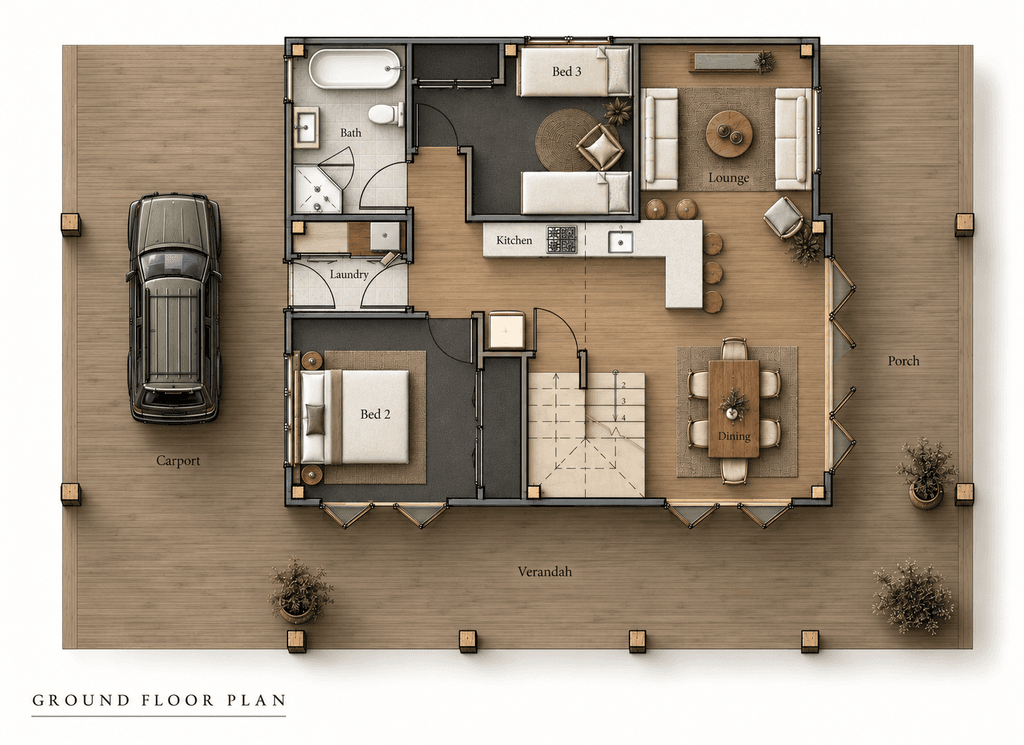 New Zealand Airbnb-ready timber frame home with veranda and porch floor plan