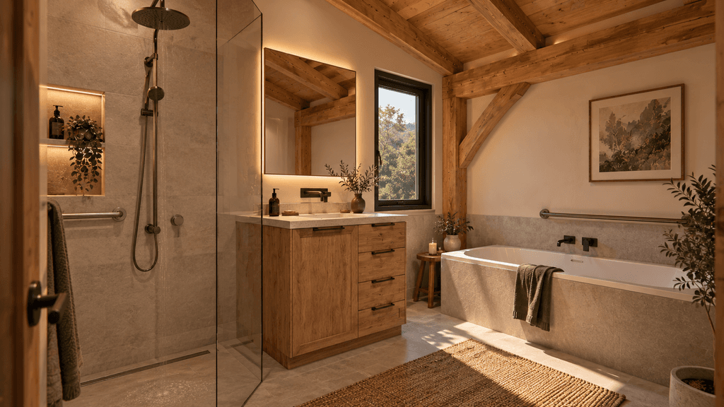 Timber frame barn home in New Zealand with accessible elegant bathroom, designed as a secluded holiday home or small rental retreat