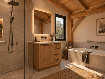 Timber frame barn home in New Zealand with accessible elegant bathroom, designed as a secluded holiday home or small rental retreat
