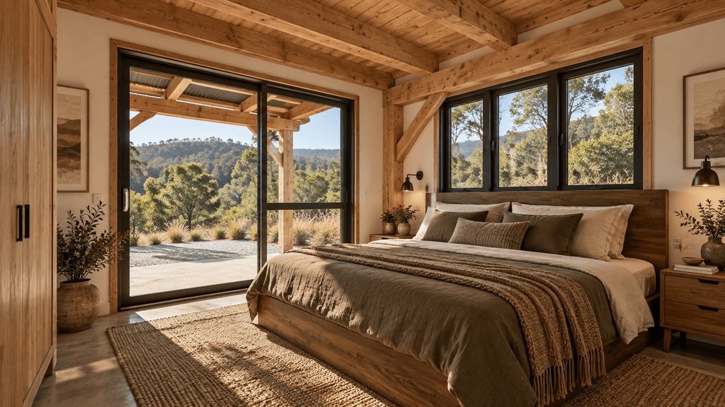 Sustainable NZ timber frame barn home bedroom with natural timber interiors, ideal for a peaceful holiday home or rental