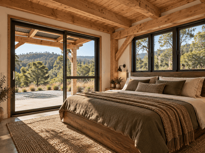 Sustainable NZ timber frame barn home bedroom with natural timber interiors, ideal for a peaceful holiday home or rental