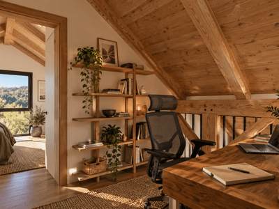 NZ timber frame barn home WFH office designed for work from home, sustainable living and holiday rental use by Heritage Timbercraft