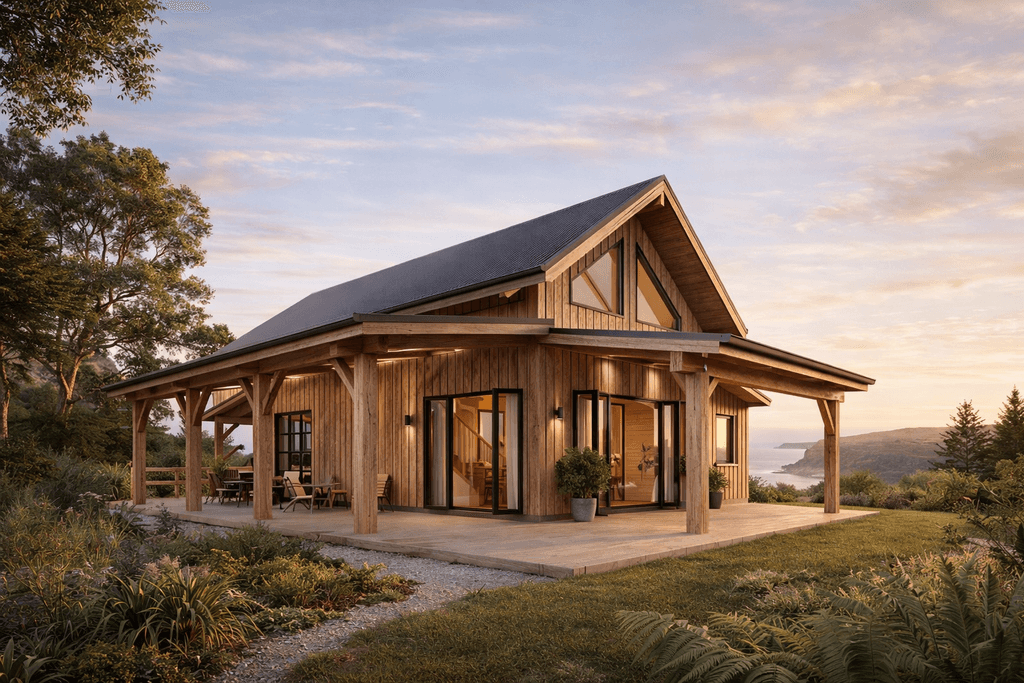 Timber frame home exterior layout with cosy bedrooms, styled bedding, and contemporary open plan design