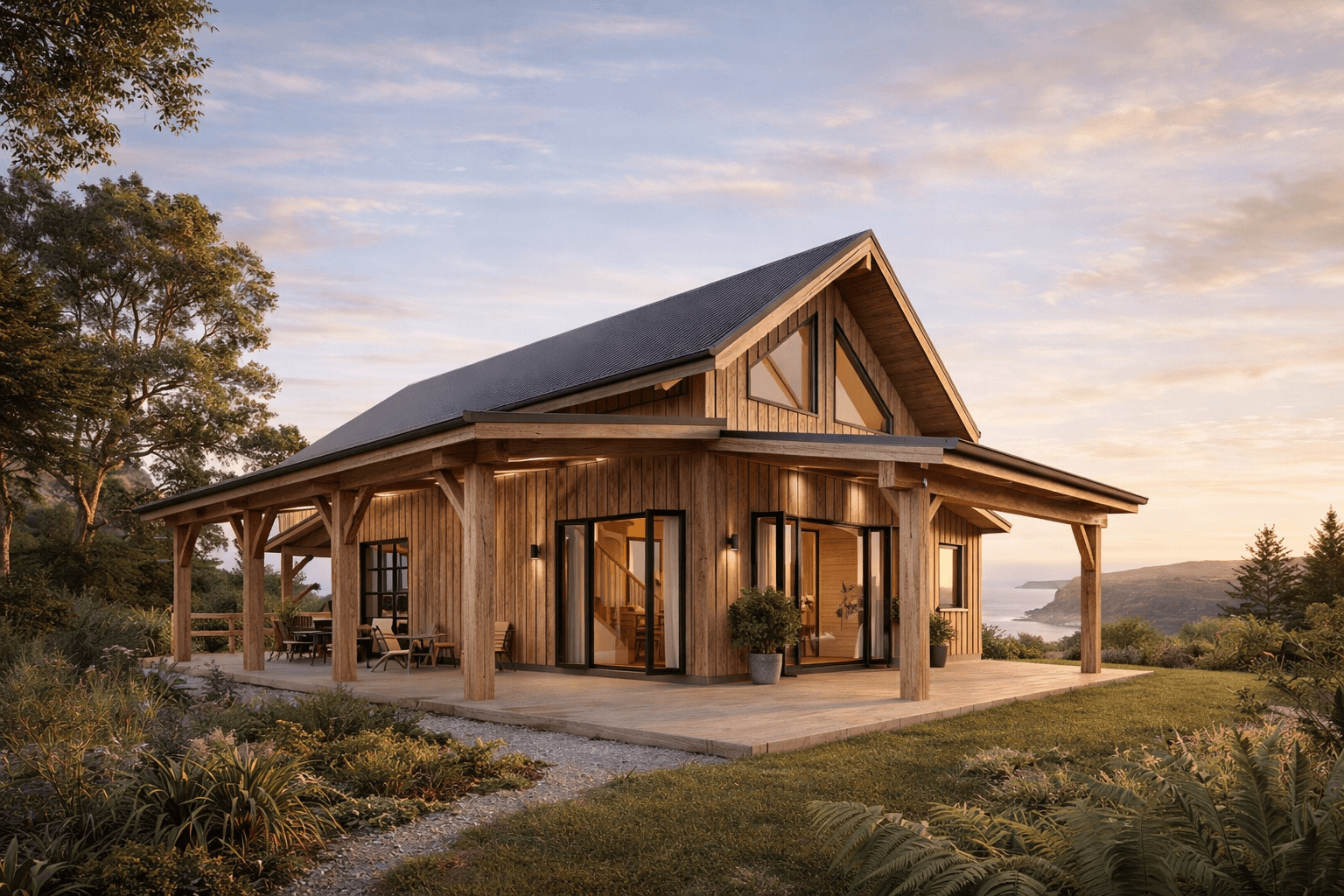 Timber frame home exterior layout with cosy bedrooms, styled bedding, and contemporary open plan design