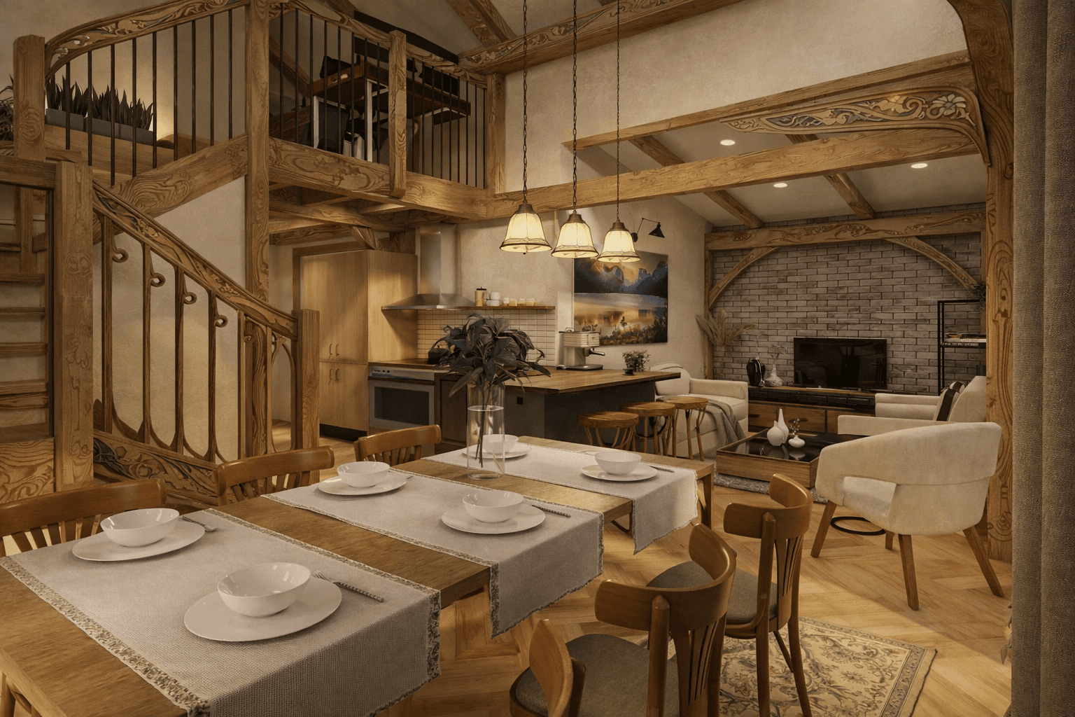 Timber frame house interior with open plan living, staircase, and warm interior lighting