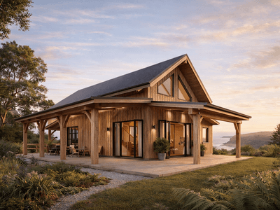 Timber frame home exterior layout with cosy bedrooms, styled bedding, and contemporary open plan design