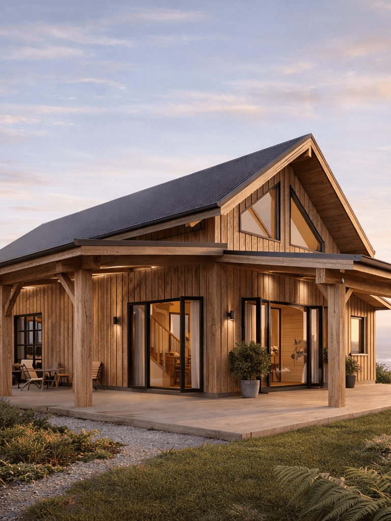 Timber frame home exterior layout with cosy bedrooms, styled bedding, and contemporary open plan design